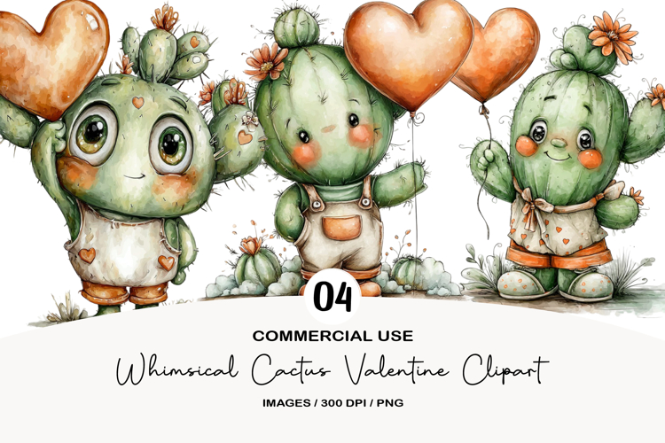 Whimsical Cactus Valentine Clipart