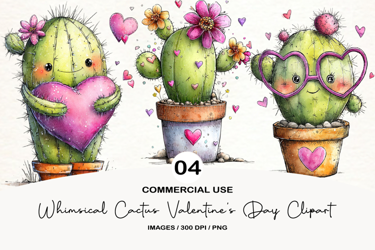 Whimsical Cactus Valentines Day Clipart