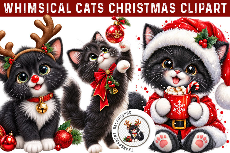 Whimsical Cats Christmas Clipart, Trending Christmas PNG example image 1
