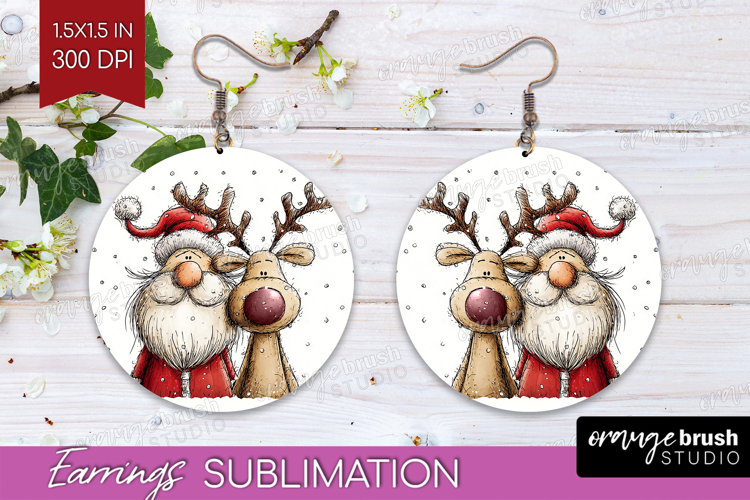 Whimsical Christmas Round Earrings - Cute Animal PNG