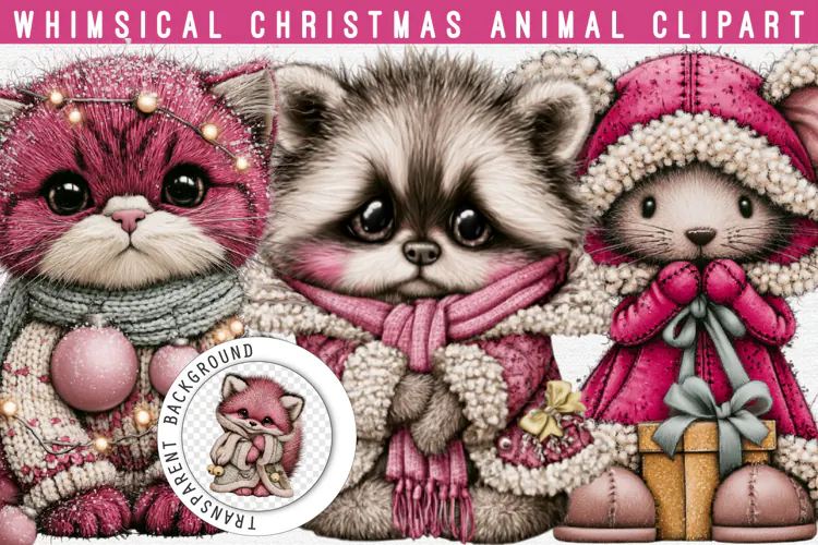 Whimsical Pink Christmas Animals Clipart - Cozy Winter Png
