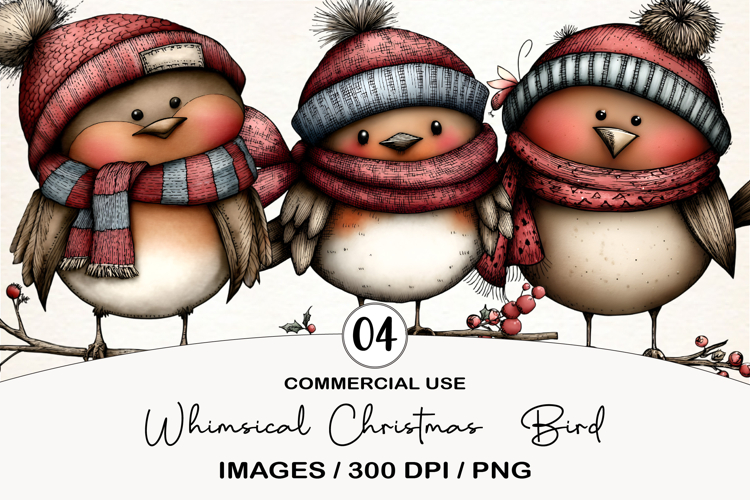 Whimsical Christmas Bird Clipart Sublimation