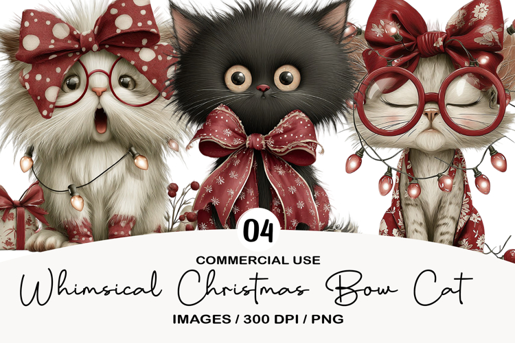 Whimsical Christmas Bow Cat Clipart