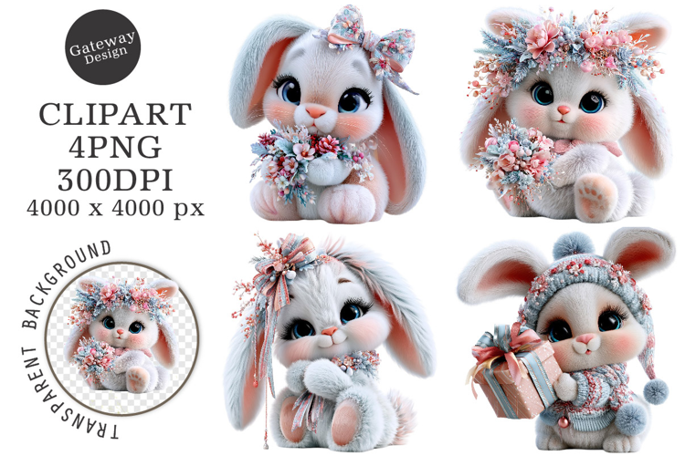 Whimsical Christmas Bunny Animals Clipart