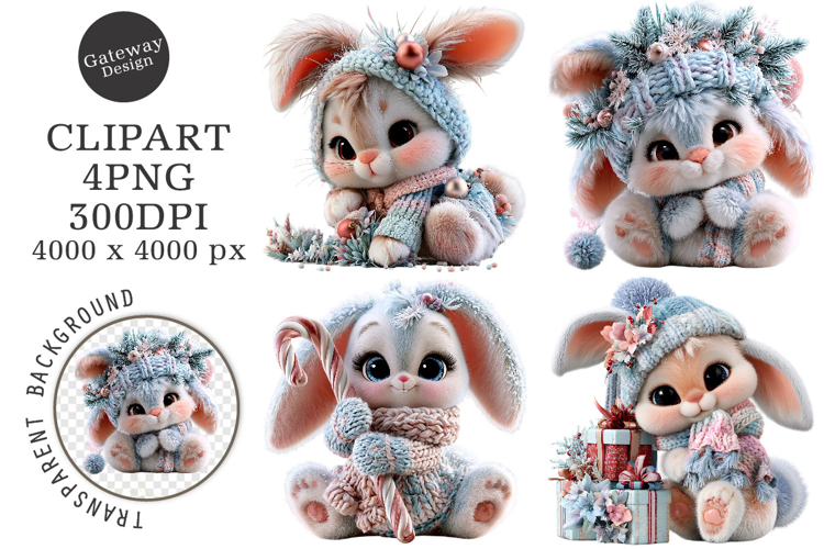 Whimsical Christmas Bunny Animals Clipart