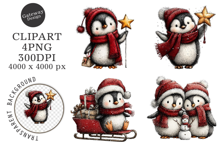 Watercolor Christmas Penguin Clipart