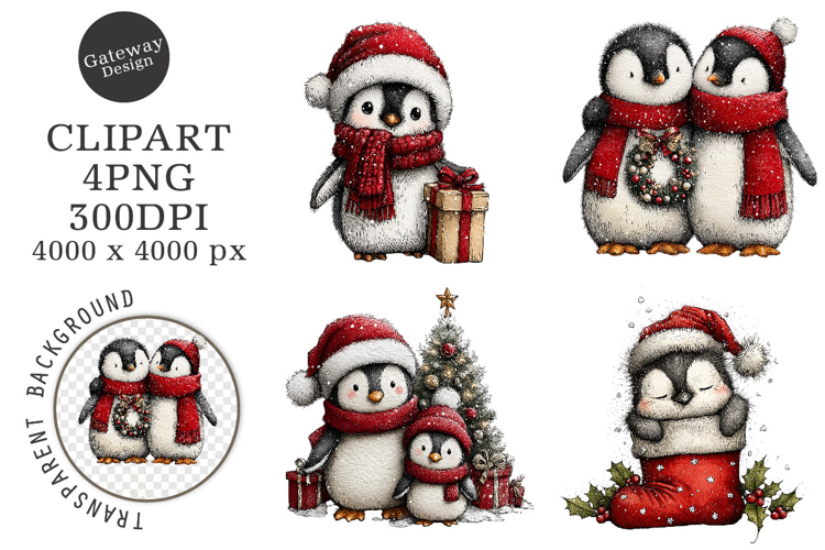 Watercolor Christmas Penguin Clipart