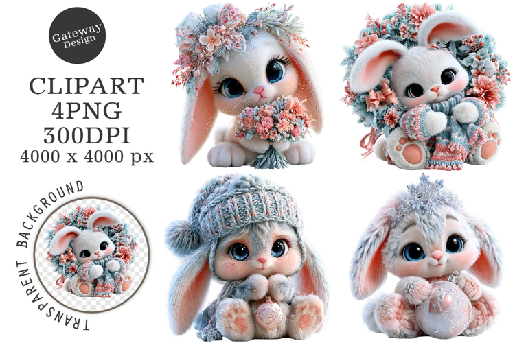 Whimsical Christmas Bunny Animals Clipart