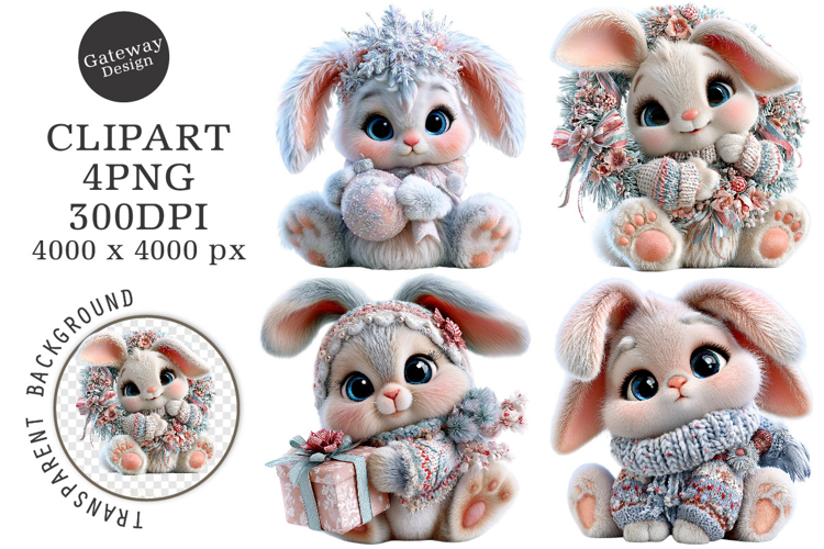 Whimsical Christmas Bunny Animals Clipart