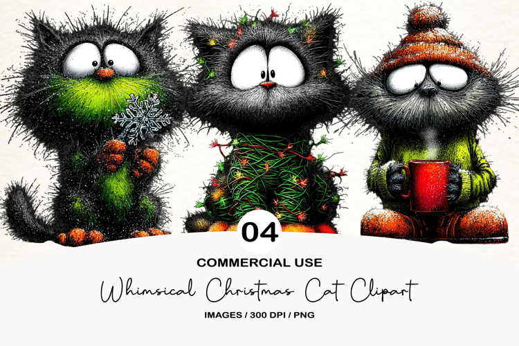 Whimsical Christmas Cat Clipart Sublimation