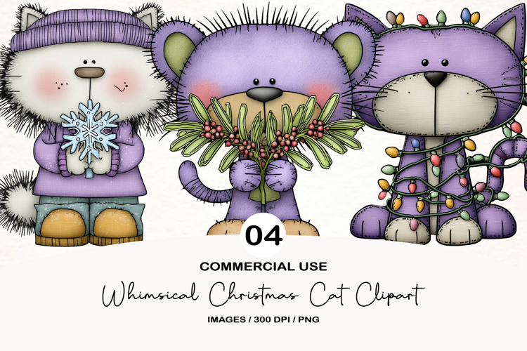 Whimsical Christmas Cat Clipart Sublimation