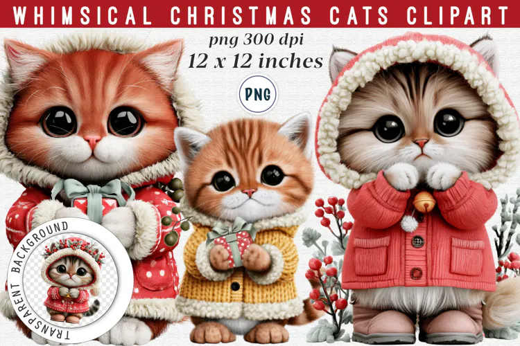 Whimsical Christmas Cats Clipart PNG | Cute Holiday Kitten