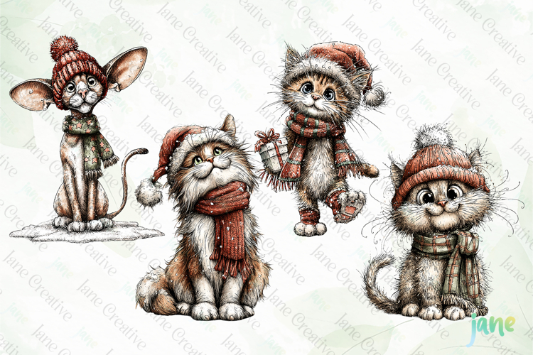 Whimsical Christmas Cats Clipart
