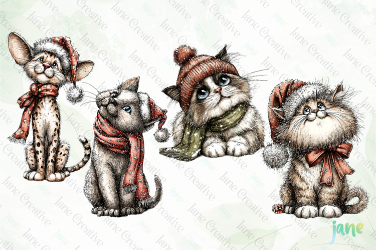 Whimsical Christmas Cats Clipart