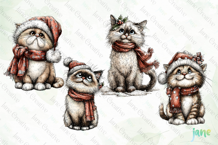Whimsical Christmas Cats Clipart