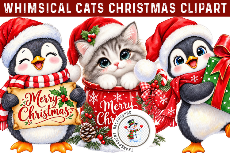 Whimsical Christmas Cats Clipart, Trending Christmas
