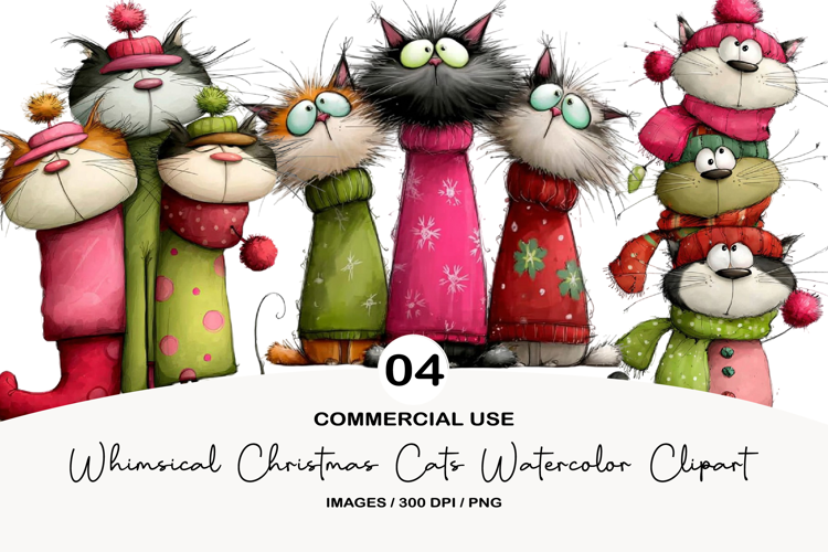 Whimsical Christmas Cats Watercolor Clipart