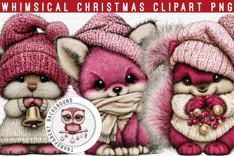Whimsical Pink Christmas Animals Clipart - Cozy Winter PNG example image 1