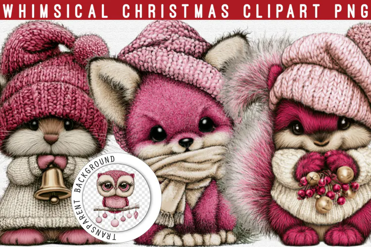 Whimsical Pink Christmas Animals Clipart - Cozy Winter PNG