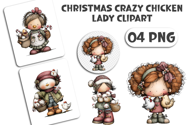 Whimsical Christmas Crazy Chicken Lady Clipart