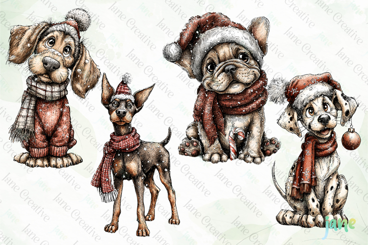 Whimsical Christmas Dogs Clipart