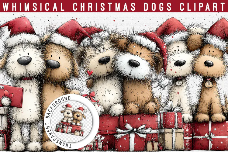 Whimsical Christmas Dogs Clipart PNG| Cute Holiday Png