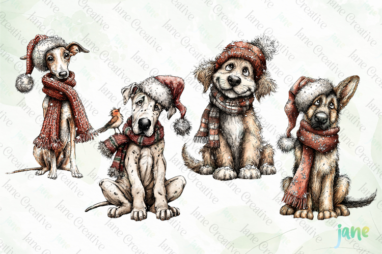 Whimsical Christmas Dogs Clipart