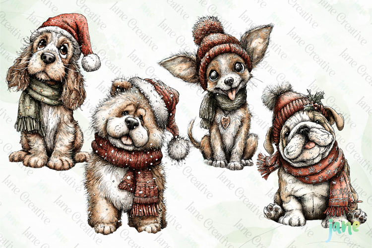 Whimsical Christmas Dogs Clipart