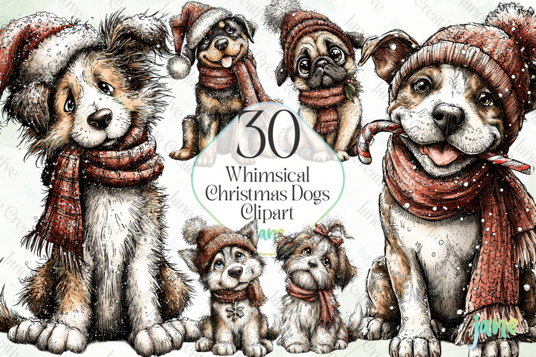 Whimsical Christmas Dogs Clipart Bundle