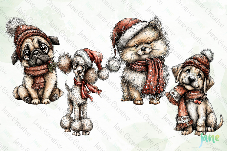Whimsical Christmas Dogs Clipart