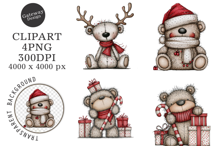 Whimsical Christmas Fluffy Bears Clipart