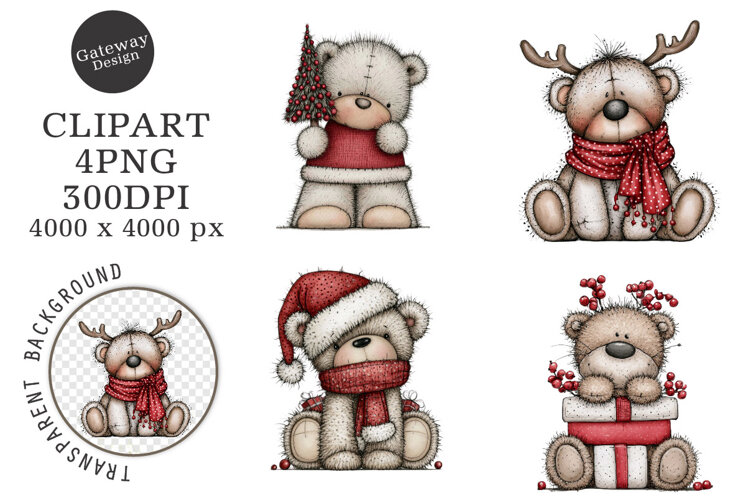 Whimsical Christmas Fluffy Bears Clipart example image 1