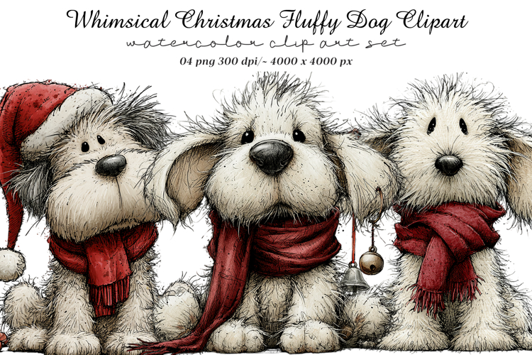 Whimsical Christmas Fluffy Dog Clipart