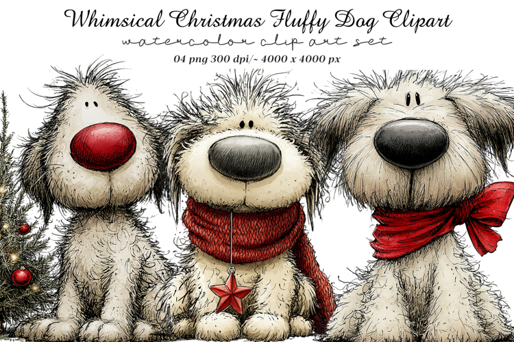 Whimsical Christmas Fluffy Dog Clipart