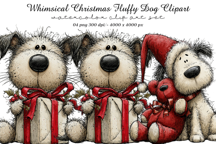 Whimsical Christmas Fluffy Dog Clipart