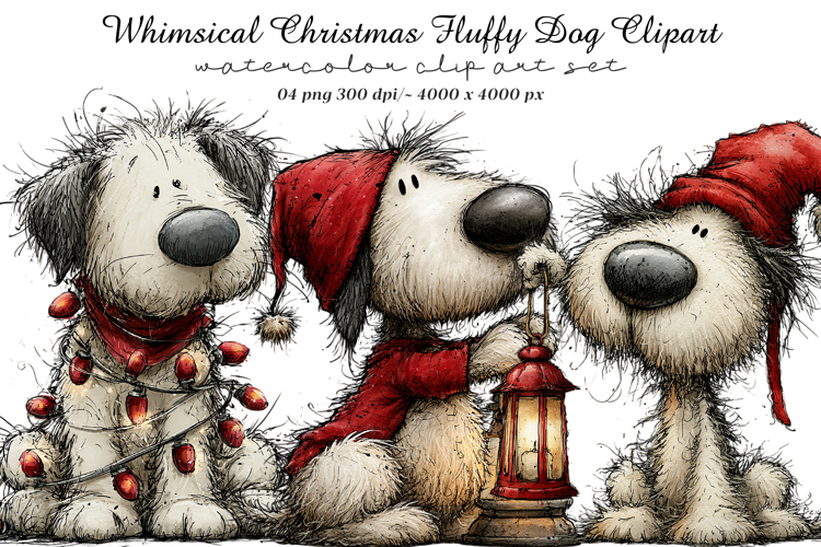 Whimsical Christmas Fluffy Dog Clipart