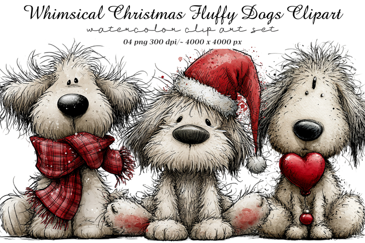 Whimsical Christmas Fluffy Dogs Clipart