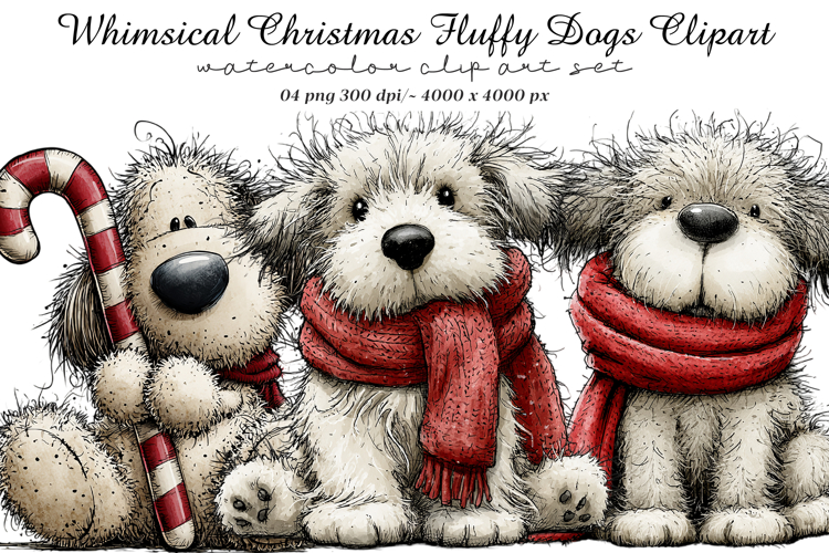 Whimsical Christmas Fluffy Dogs Clipart