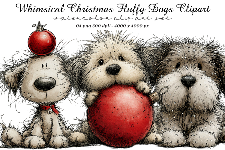 Whimsical Christmas Fluffy Dogs Clipart