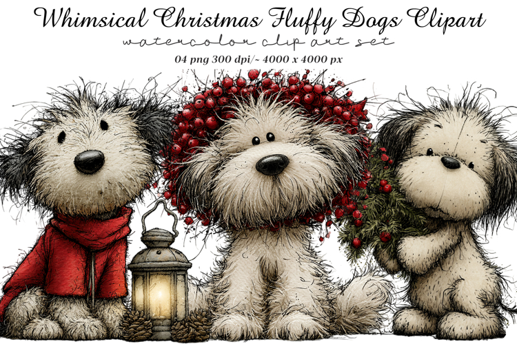 Whimsical Christmas Fluffy Dogs Clipart