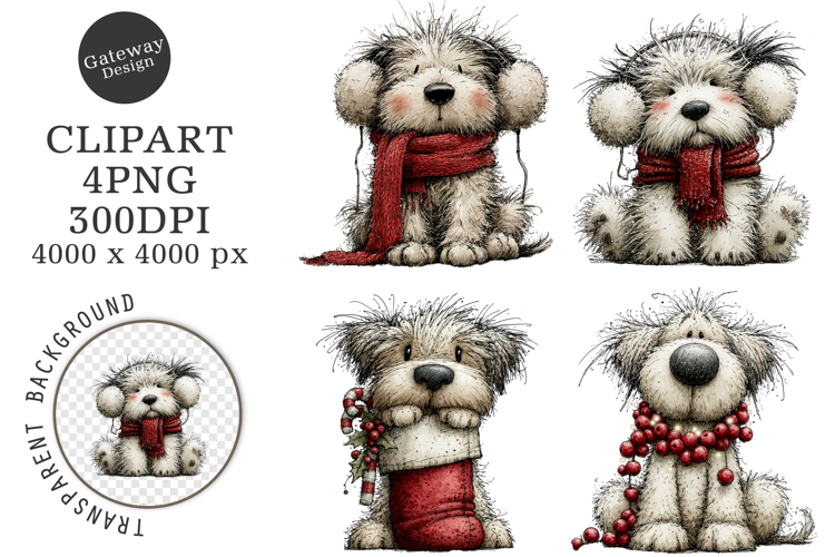 Whimsical Christmas Fluffy Dogs Clipart