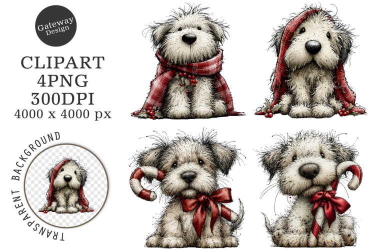 Whimsical Christmas Fluffy Dogs Clipart