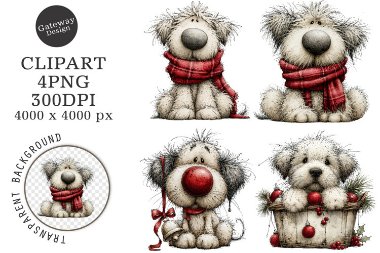 Whimsical Christmas Fluffy Dogs Clipart example image 1