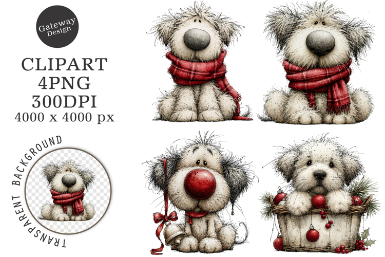 Whimsical Christmas Fluffy Dogs Clipart