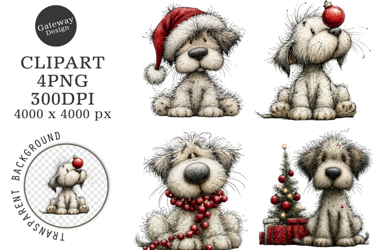 Whimsical Christmas Fluffy Dogs Clipart