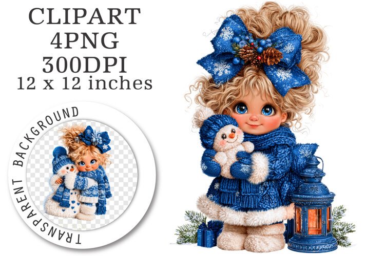 Whimsical Christmas Girl PNG | Blue Winter Snowman Clipart example image 1