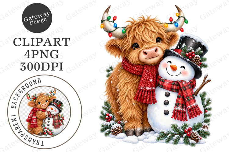 Whimsical Christmas Highland Cow Clipart