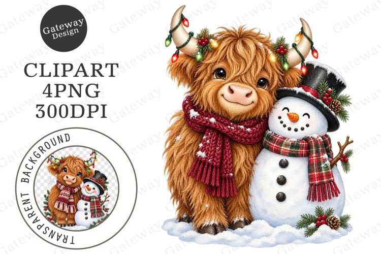 Whimsical Christmas Highland Cow Clipart example image 1
