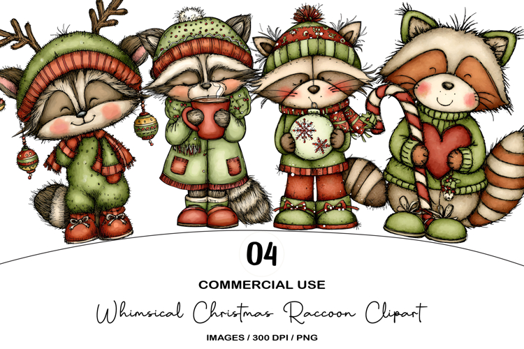Whimsical Christmas Raccoon Clipart