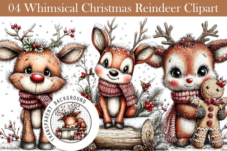 Whimsical Christmas Reindeer Clipart example image 1